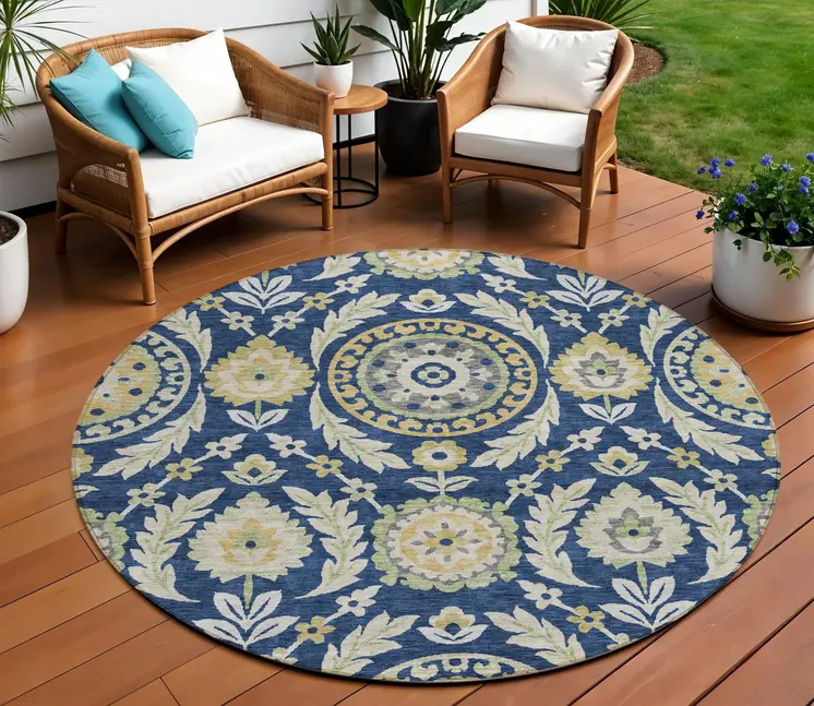 8' Navy Blue Gold And Beige Round Floral Washable Indoor Outdoor Area Rug