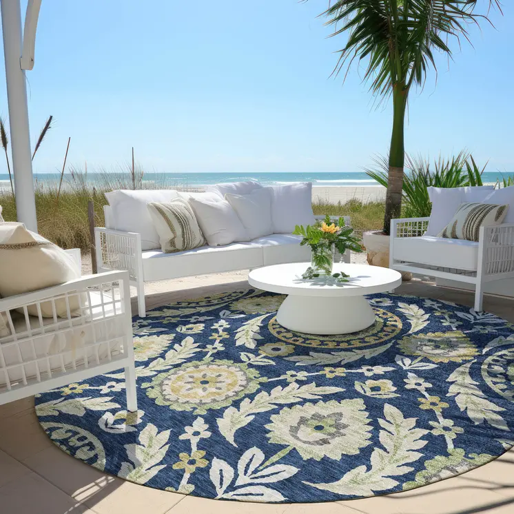 8' Navy Blue Gold And Beige Round Floral Washable Indoor Outdoor Area Rug