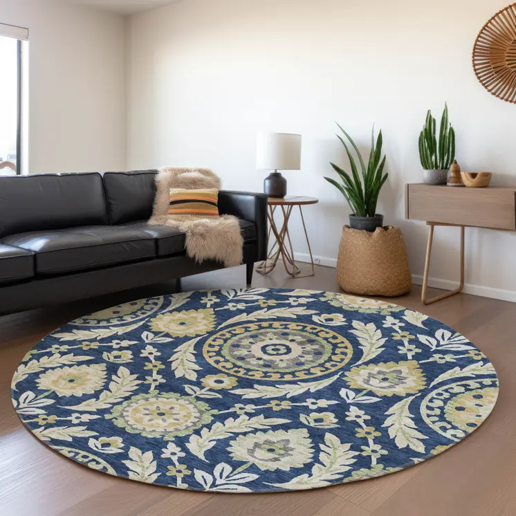 8' Navy Blue Gold And Beige Round Floral Washable Indoor Outdoor Area Rug