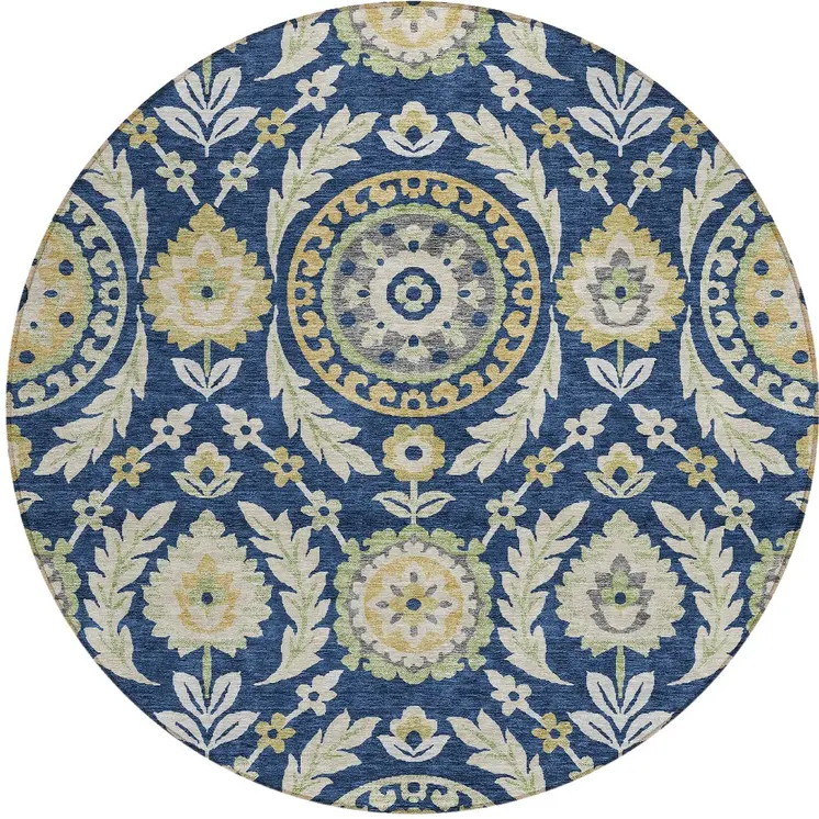 8' Navy Blue Gold And Beige Round Floral Washable Indoor Outdoor Area Rug