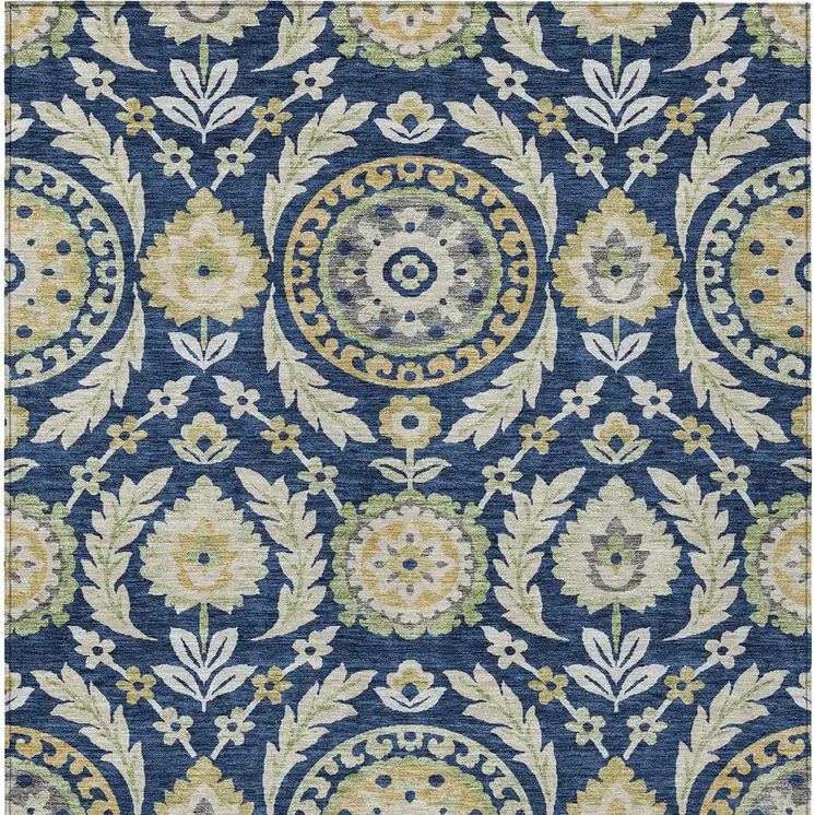 9' X 12' Navy Blue Gold And Beige Floral Washable Indoor Outdoor Area Rug