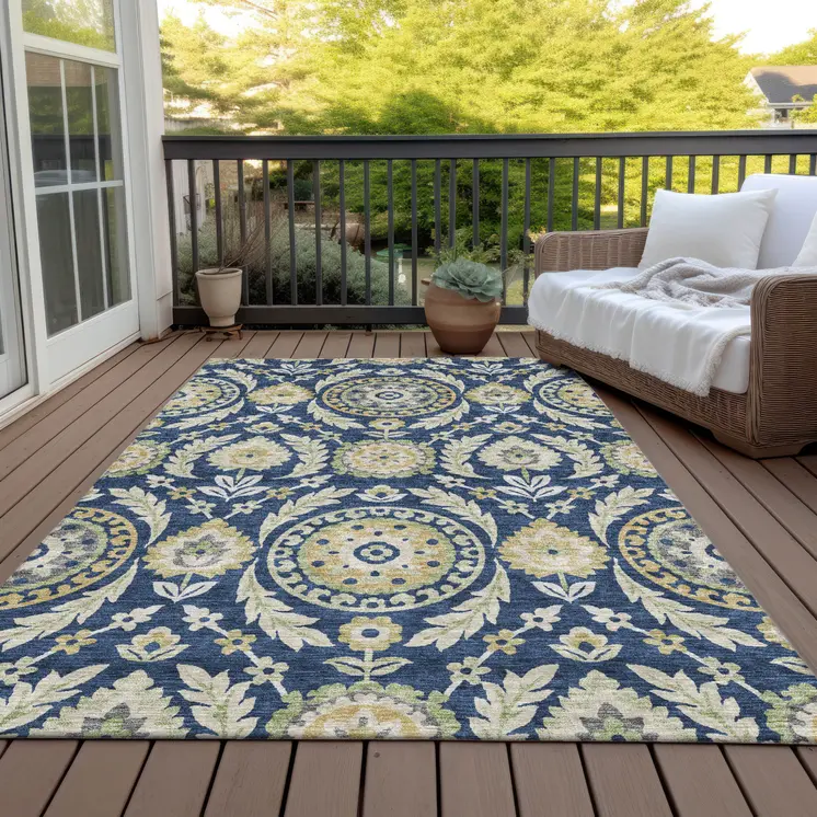 9' X 12' Navy Blue Gold And Beige Floral Washable Indoor Outdoor Area Rug