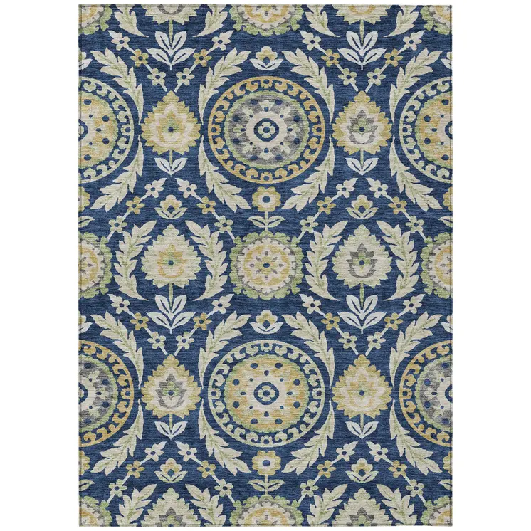 9' X 12' Navy Blue Gold And Beige Floral Washable Indoor Outdoor Area Rug