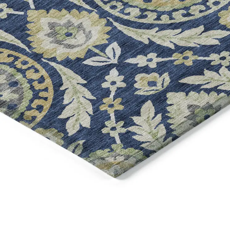 9' X 12' Navy Blue Gold And Beige Floral Washable Indoor Outdoor Area Rug
