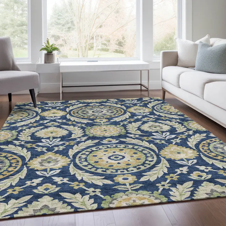 9' X 12' Navy Blue Gold And Beige Floral Washable Indoor Outdoor Area Rug