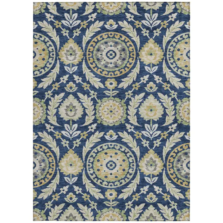 10' X 14' Navy Blue Gold And Beige Floral Washable Indoor Outdoor Area Rug