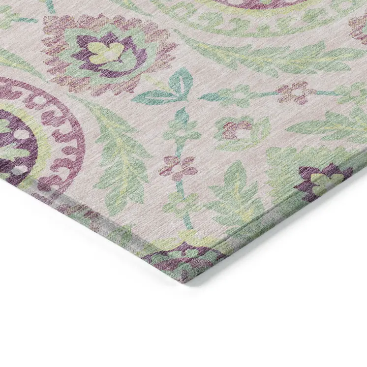 5' X 8' Pink Mauve And Mint Green Floral Washable Indoor Outdoor Area Rug