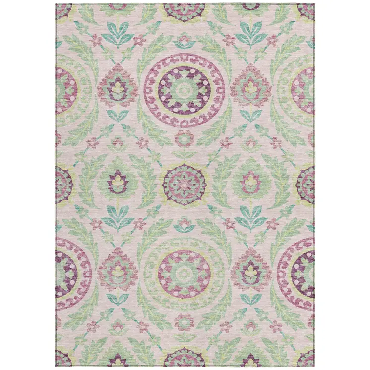 5' X 8' Pink Mauve And Mint Green Floral Washable Indoor Outdoor Area Rug