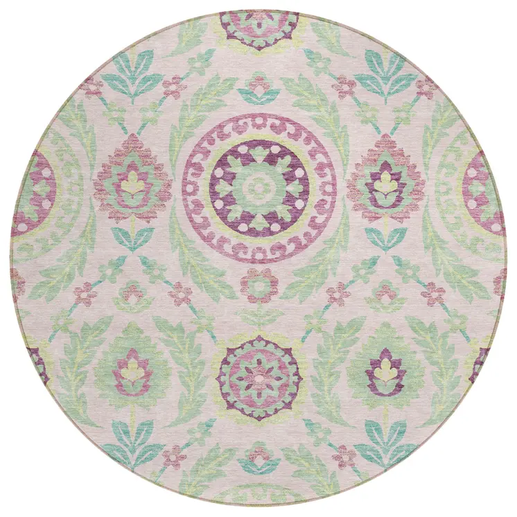 8' Pink Mauve And Mint Green Round Floral Washable Indoor Outdoor Area Rug