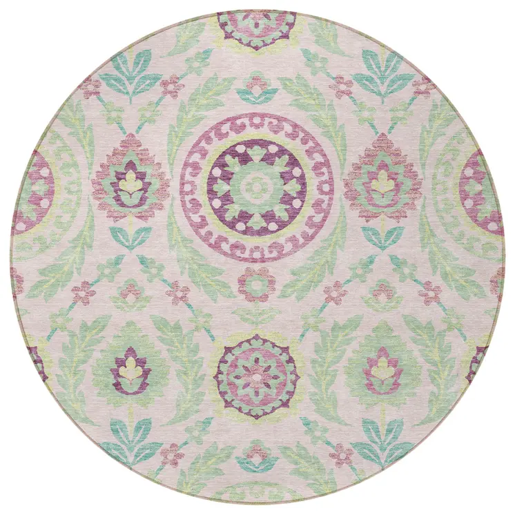 8' Pink Mauve And Mint Green Round Floral Washable Indoor Outdoor Area Rug
