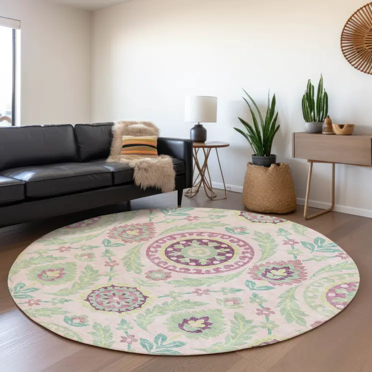 8' Pink Mauve And Mint Green Round Floral Washable Indoor Outdoor Area Rug