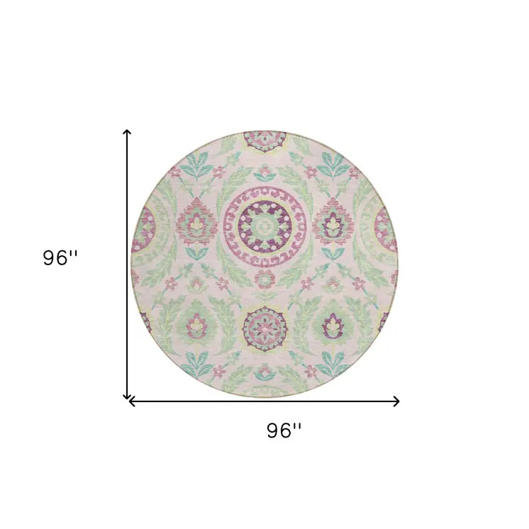 8' Pink Mauve And Mint Green Round Floral Washable Indoor Outdoor Area Rug