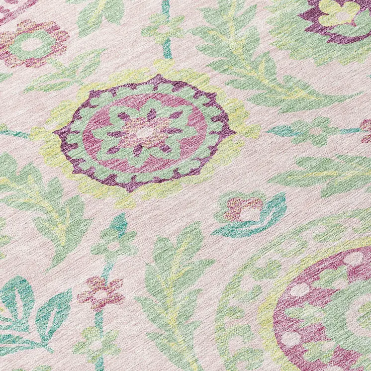 8' X 10' Pink Mauve And Mint Green Floral Washable Indoor Outdoor Area Rug