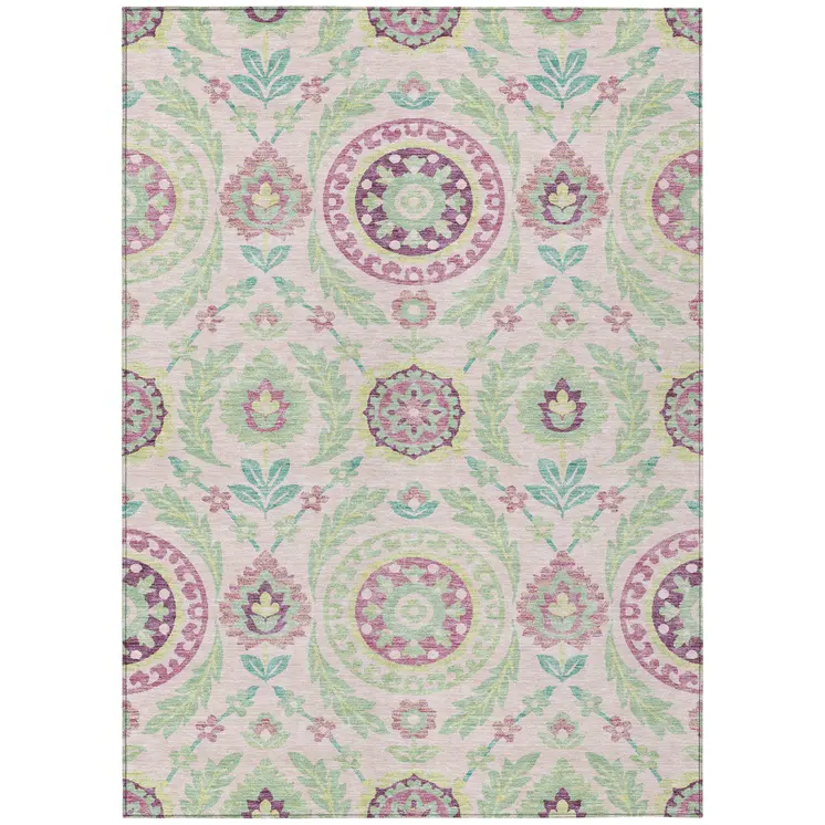 10' X 14' Pink Mauve And Mint Green Floral Washable Indoor Outdoor Area Rug