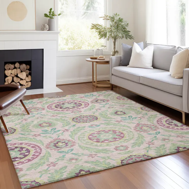 10' X 14' Pink Mauve And Mint Green Floral Washable Indoor Outdoor Area Rug