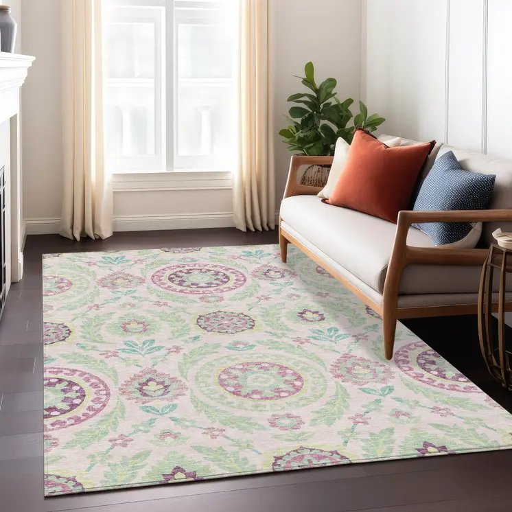 10' X 14' Pink Mauve And Mint Green Floral Washable Indoor Outdoor Area Rug
