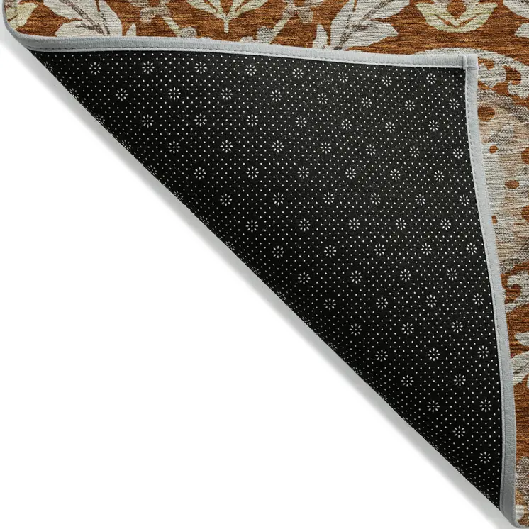 5' X 8' Orange Taupe And Gold Floral Washable Indoor Outdoor Area Rug