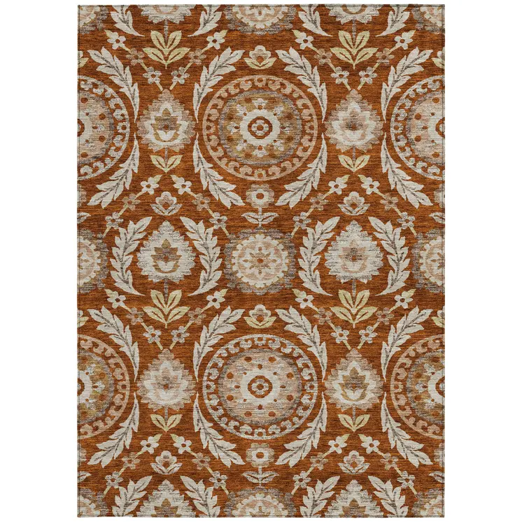 5' X 8' Orange Taupe And Gold Floral Washable Indoor Outdoor Area Rug