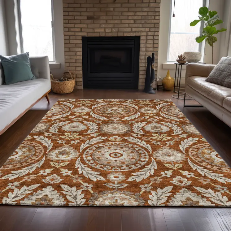 5' X 8' Orange Taupe And Gold Floral Washable Indoor Outdoor Area Rug