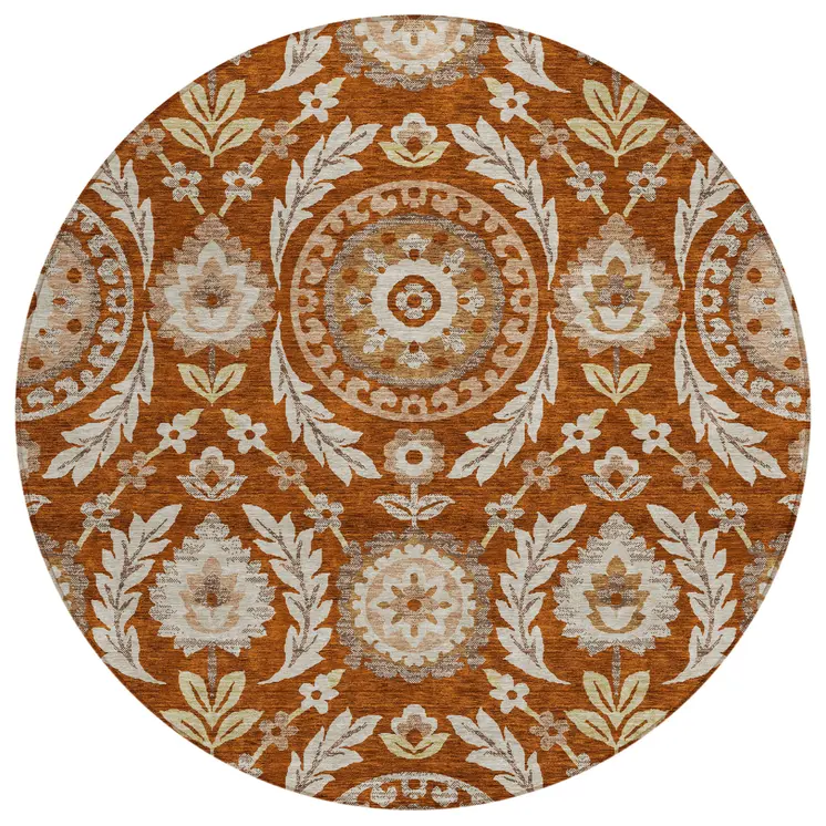 8' Orange Taupe And Gold Round Floral Washable Indoor Outdoor Area Rug