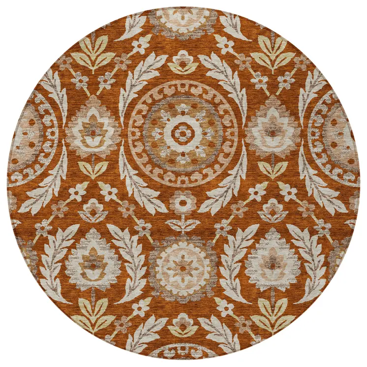 8' Orange Taupe And Gold Round Floral Washable Indoor Outdoor Area Rug
