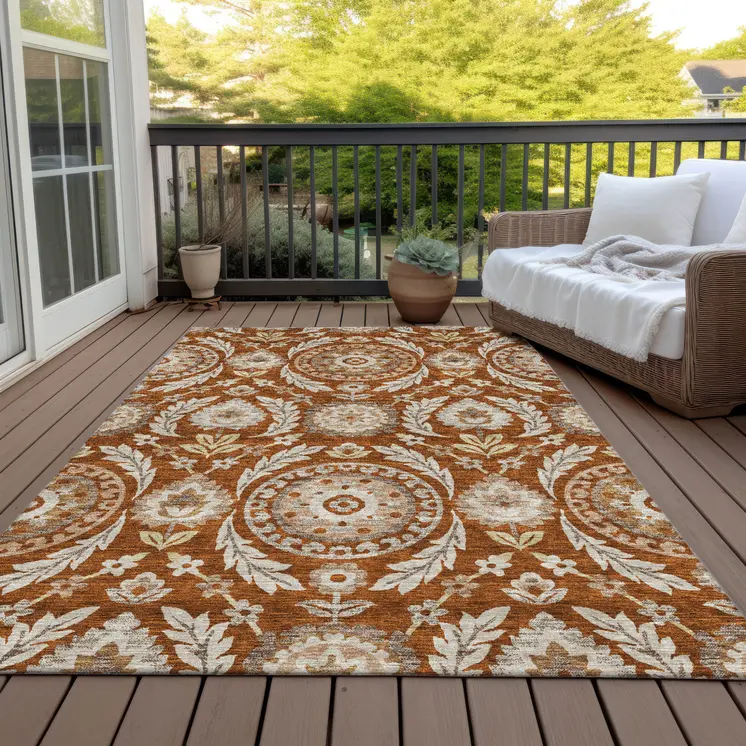 10' X 14' Orange Taupe And Gold Floral Washable Indoor Outdoor Area Rug