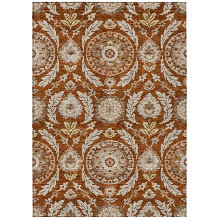 10' X 14' Orange Taupe And Gold Floral Washable Indoor Outdoor Area Rug
