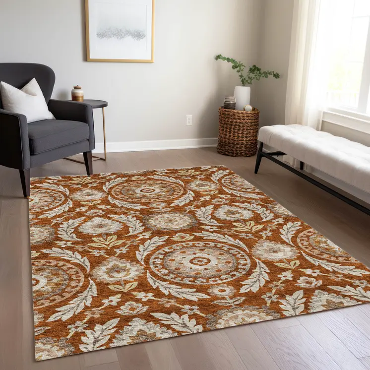 10' X 14' Orange Taupe And Gold Floral Washable Indoor Outdoor Area Rug