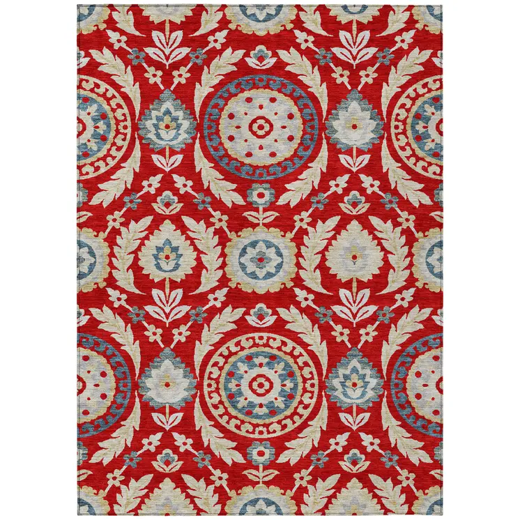 3' X 5' Red Beige And Navy Blue Floral Washable Indoor Outdoor Area Rug
