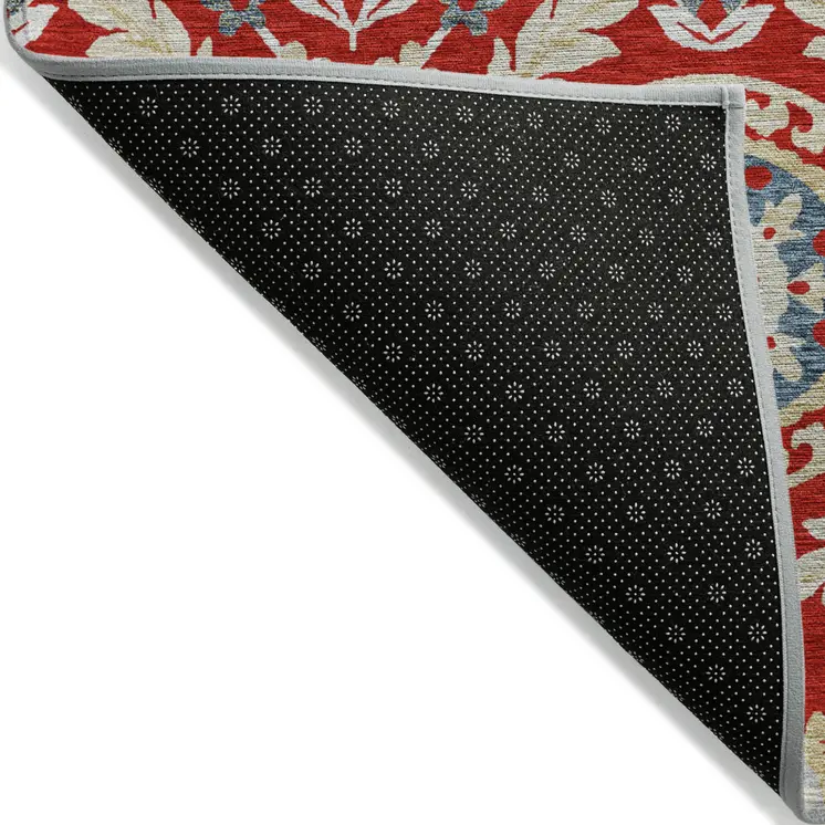 3' X 5' Red Beige And Navy Blue Floral Washable Indoor Outdoor Area Rug