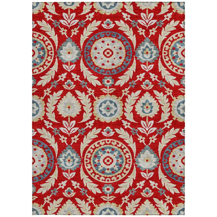 3' X 5' Red Beige And Navy Blue Floral Washable Indoor Outdoor Area Rug