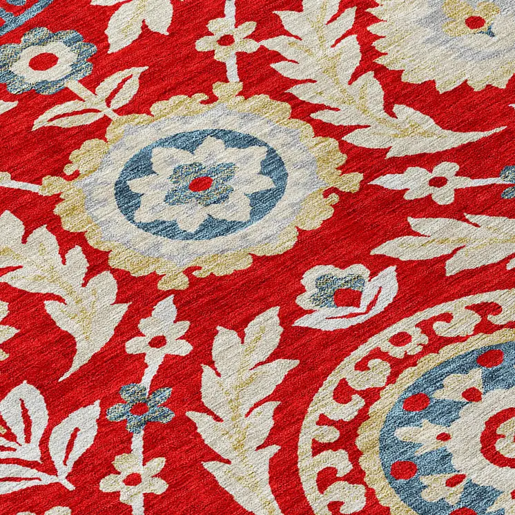 3' X 5' Red Beige And Navy Blue Floral Washable Indoor Outdoor Area Rug