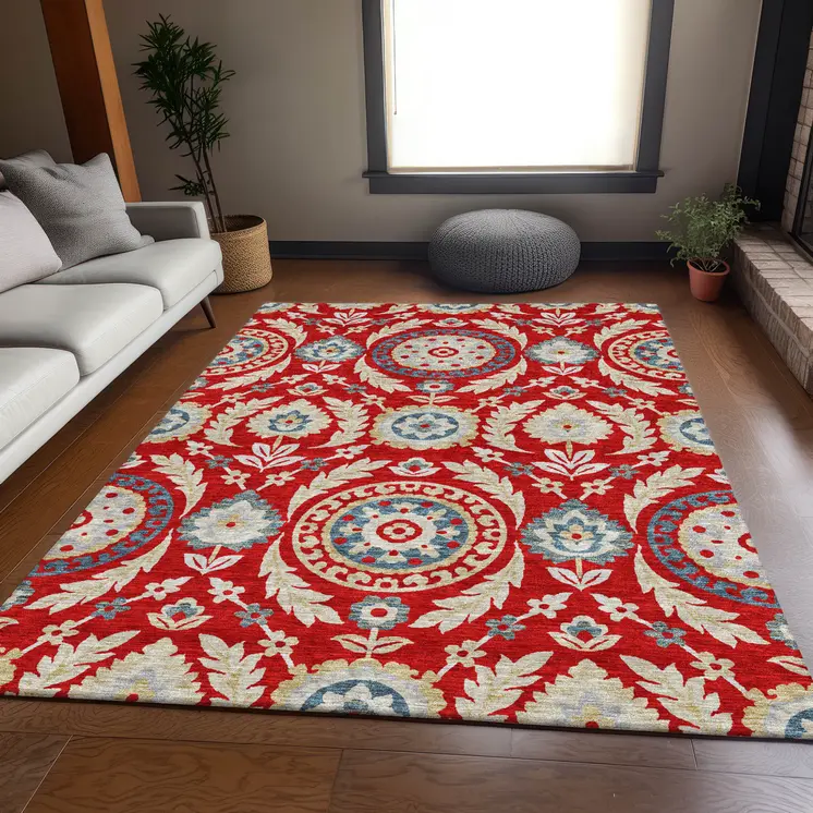 3' X 5' Red Beige And Navy Blue Floral Washable Indoor Outdoor Area Rug