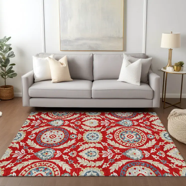 3' X 5' Red Beige And Navy Blue Floral Washable Indoor Outdoor Area Rug
