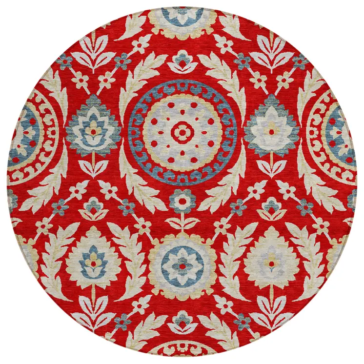 8' Red Beige And Navy Blue Round Floral Washable Indoor Outdoor Area Rug