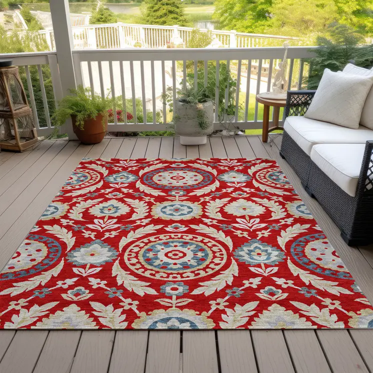 8' X 10' Red Beige And Navy Blue Floral Washable Indoor Outdoor Area Rug