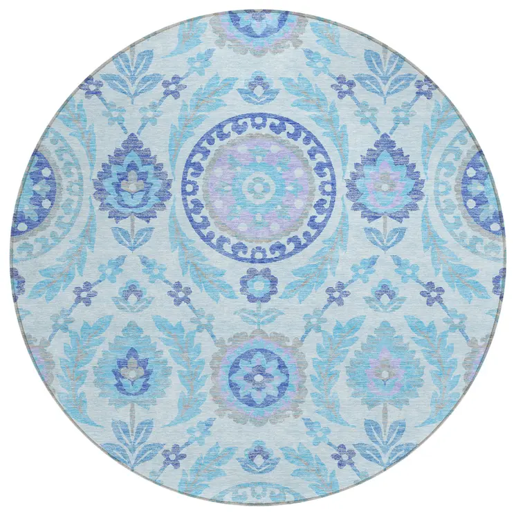 8' Sky Blue And Lavender Round Floral Washable Indoor Outdoor Area Rug