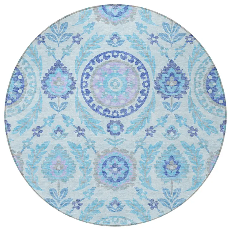 8' Sky Blue And Lavender Round Floral Washable Indoor Outdoor Area Rug