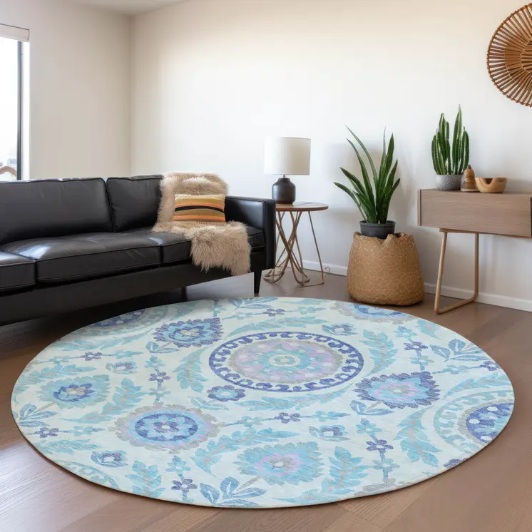 8' Sky Blue And Lavender Round Floral Washable Indoor Outdoor Area Rug