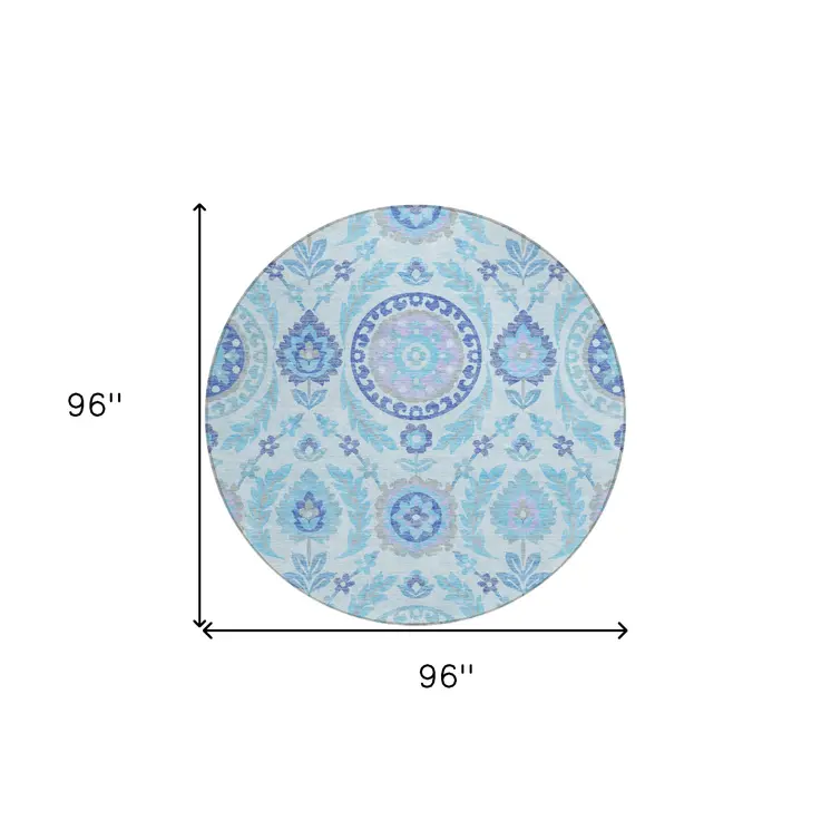 8' Sky Blue And Lavender Round Floral Washable Indoor Outdoor Area Rug