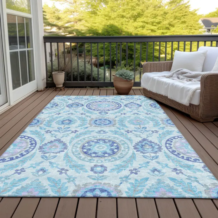 10' X 14' Sky Blue And Lavender Floral Washable Indoor Outdoor Area Rug