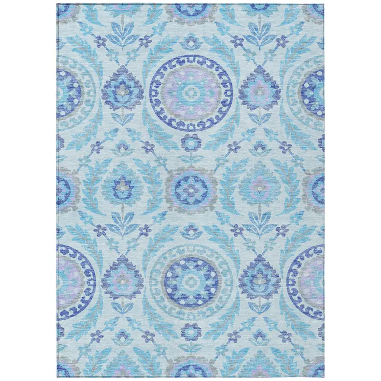 10' X 14' Sky Blue And Lavender Floral Washable Indoor Outdoor Area Rug