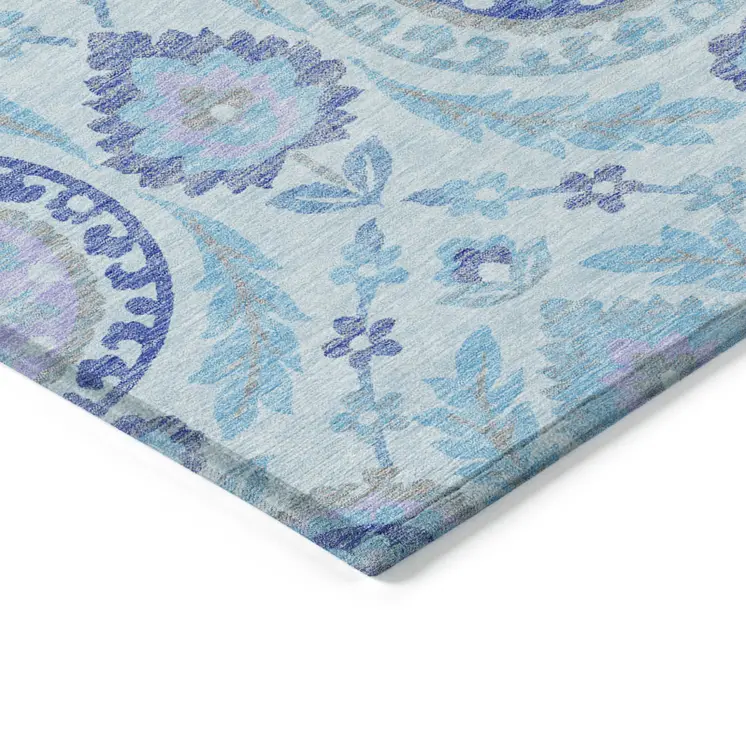 10' X 14' Sky Blue And Lavender Floral Washable Indoor Outdoor Area Rug