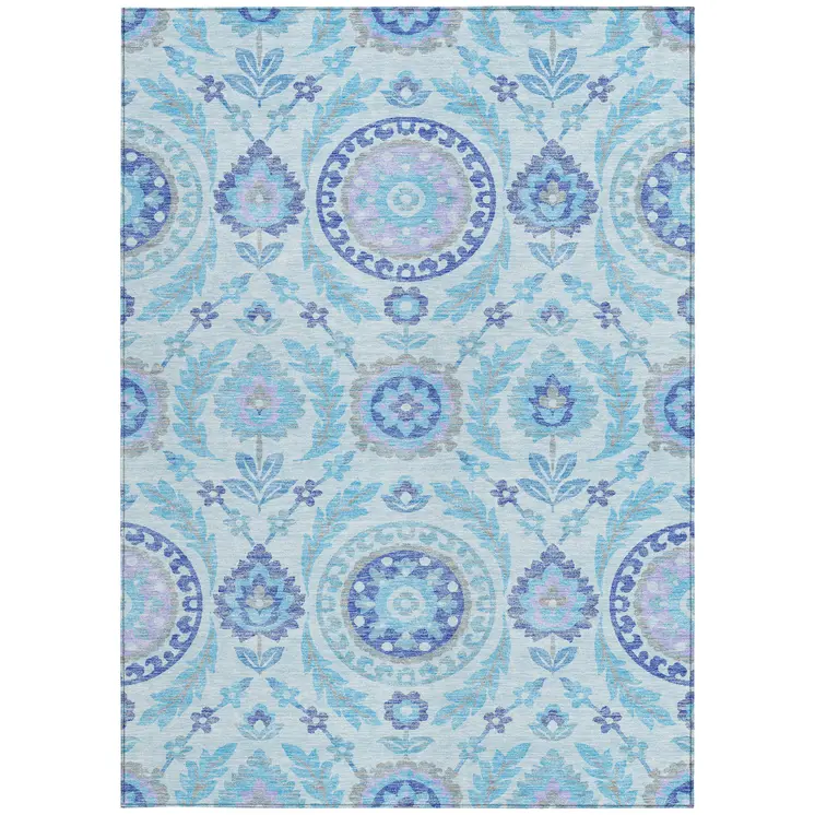 10' X 14' Sky Blue And Lavender Floral Washable Indoor Outdoor Area Rug