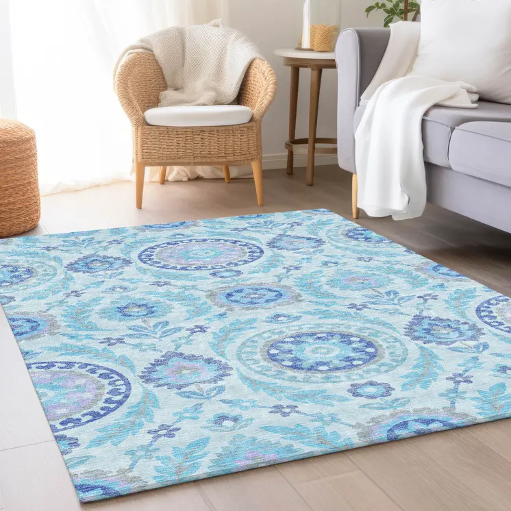 10' X 14' Sky Blue And Lavender Floral Washable Indoor Outdoor Area Rug