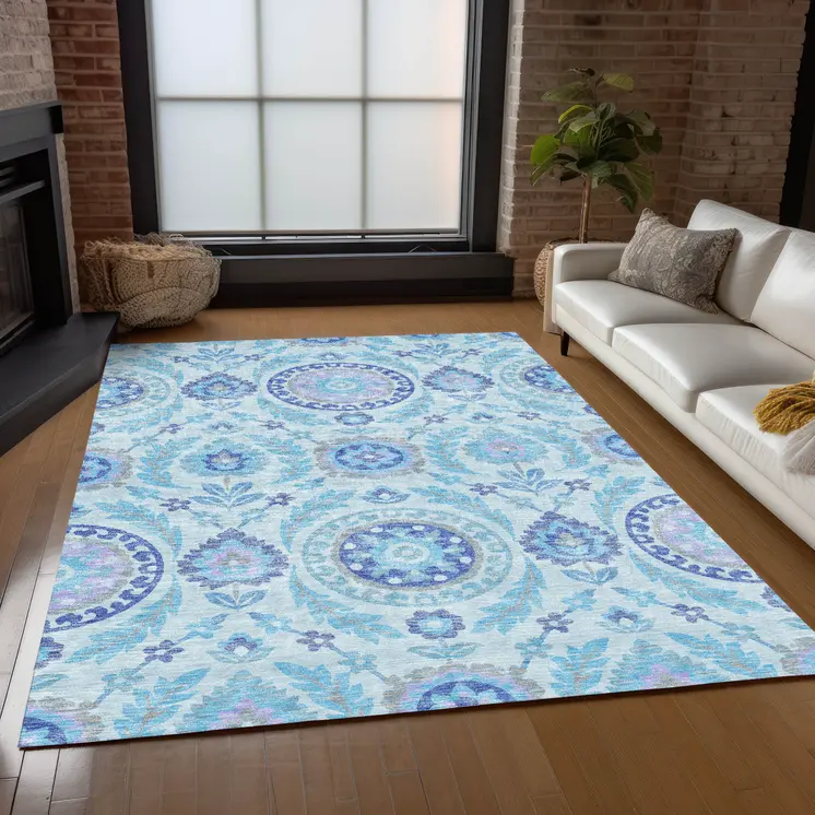 10' X 14' Sky Blue And Lavender Floral Washable Indoor Outdoor Area Rug
