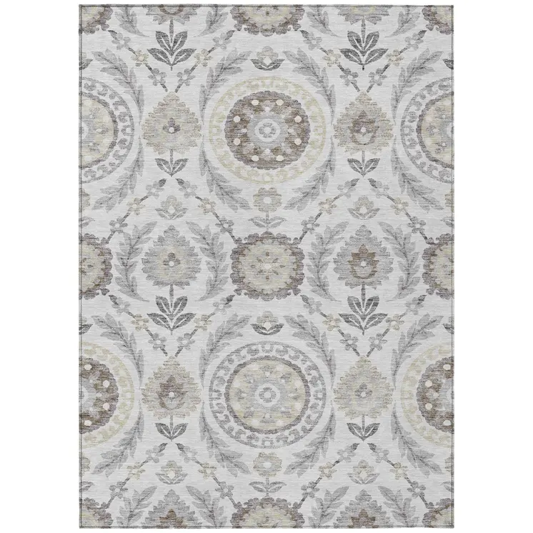 5' X 8' Silver Gray And Taupe Floral Washable Indoor Outdoor Area Rug