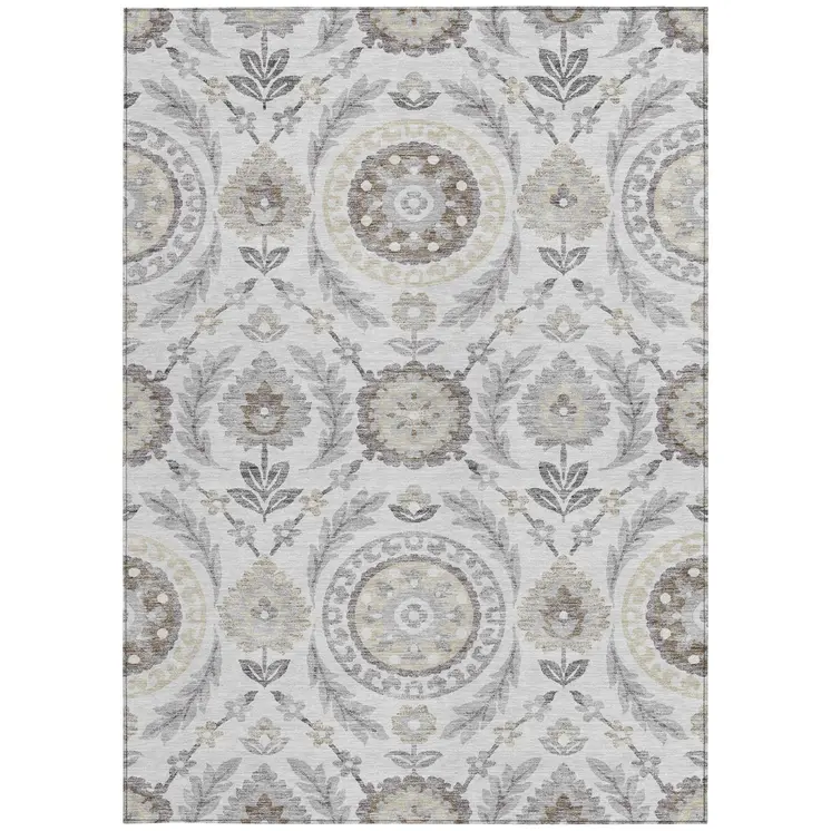 5' X 8' Silver Gray And Taupe Floral Washable Indoor Outdoor Area Rug