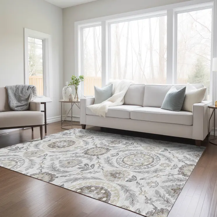 5' X 8' Silver Gray And Taupe Floral Washable Indoor Outdoor Area Rug