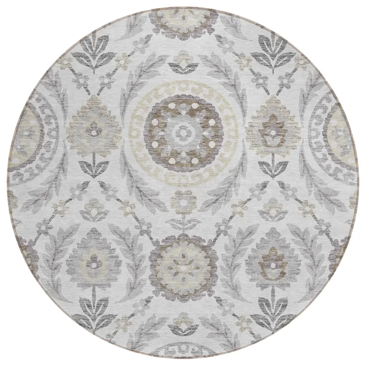 8' Silver Gray And Taupe Round Floral Washable Indoor Outdoor Area Rug